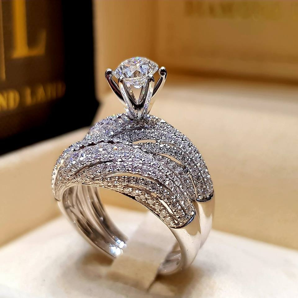 Korean Food Snacks - Silver Plated Double Ring Zirconia Wedding